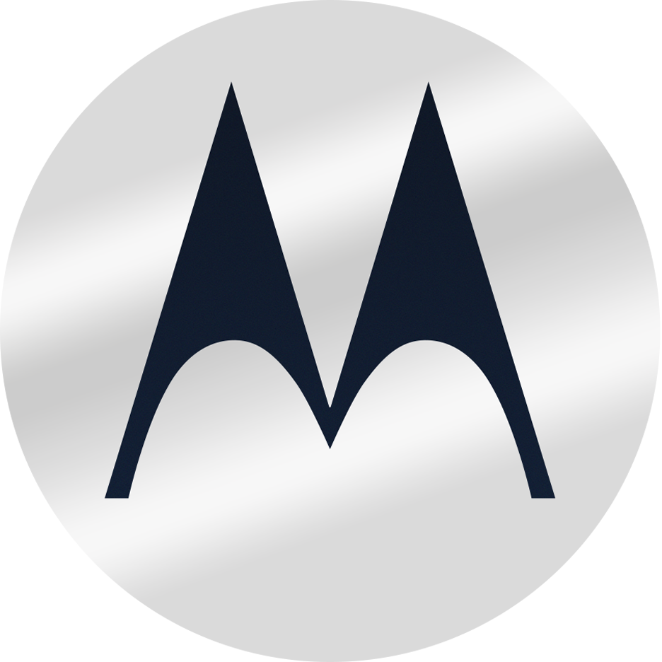 an image of the Motorola batwing logo in silver and dark blue